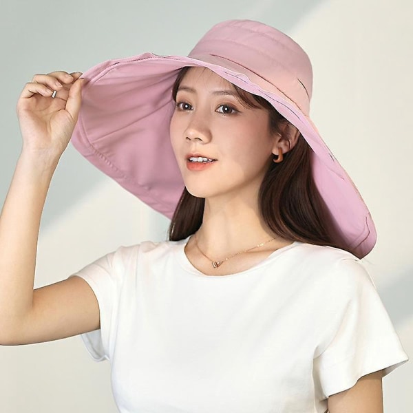 Sort justerbar UPF 50 solhat med bred skygge til kvinder - Sammenfoldelig UV-beskyttelse bøttehat til sommerstrand, udendørs vandreture og havearbejde
