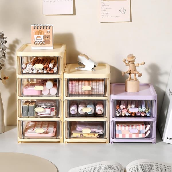 Mini Storage Tower - 4 Tiers - Plastic - 3 Drawers - Transparent