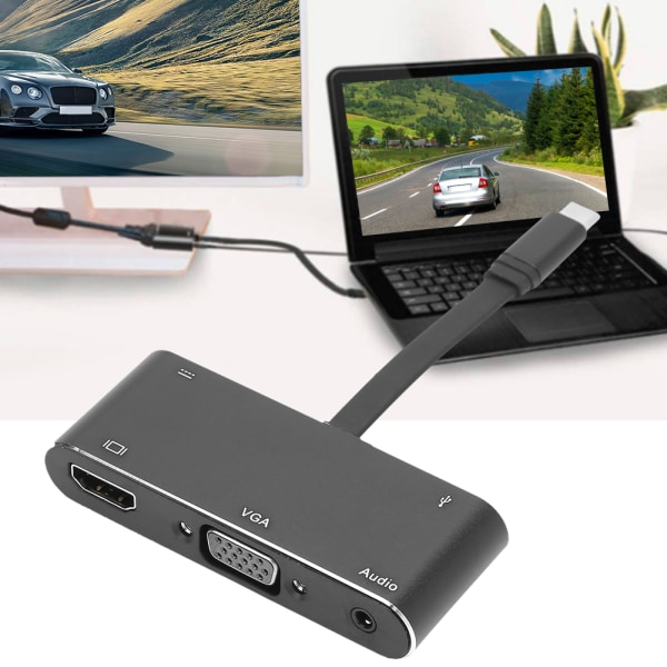 Laajennusadapteri 5 in 1 TypeC HDMI VGA Audio Output Virtalähde Monitoiminen Musta (Musta)