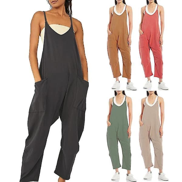 Sleeveless Wide Leg Jumpsuit with Large Pockets - Summer Casual Loungewear M B