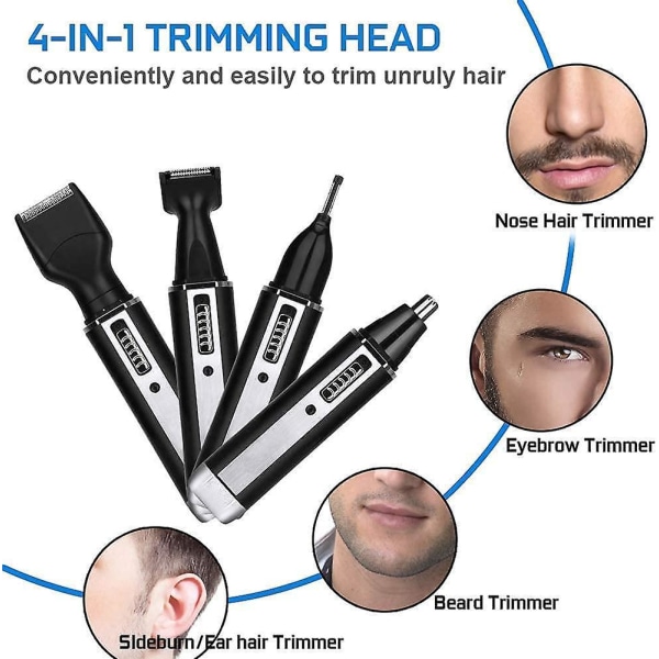 USB 4 i 1 smertefri nese- og ørehårepilator med dobbeltblad, vanntett og lett å rengjøre