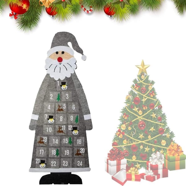 Julemandskalender, hængende adventskalender i filt, hængende filtjuletræ, hængende julepynt, juledørsdekoration (grau)