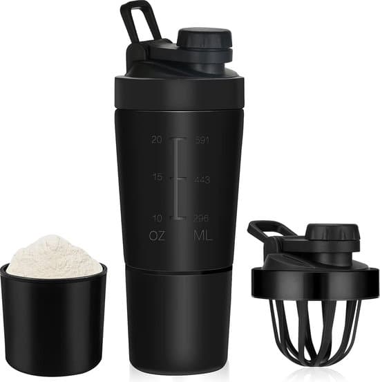 Proteinsheaker, rustfrit stål, 700 + 200 ml, proteinsheaker med pulverrum (rustfrit stål)