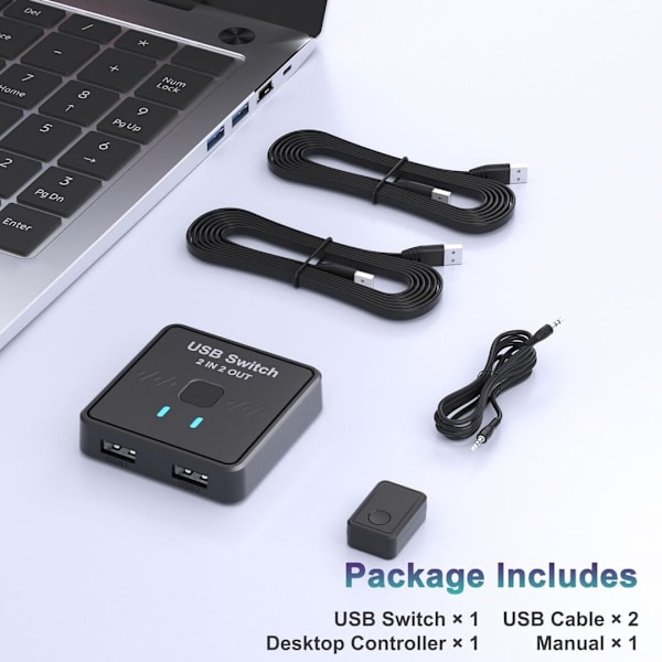 USB-switch 2 ind 2 ud, USB-switch, printer-splitter til 2 computere, 2-ports USB-vælger med 2 USB-kabler og ekstern controller
