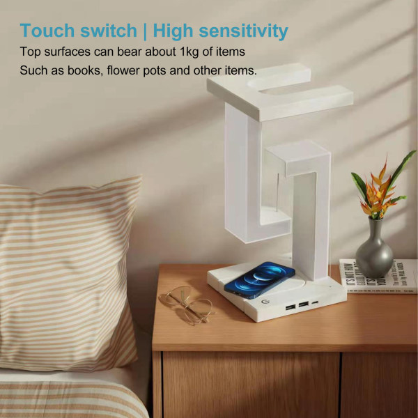Magnetisk Levitation Nattlampa 3 Gears Touching Switch LED Bordslampa med Telefon Trådlös Laddning Vit