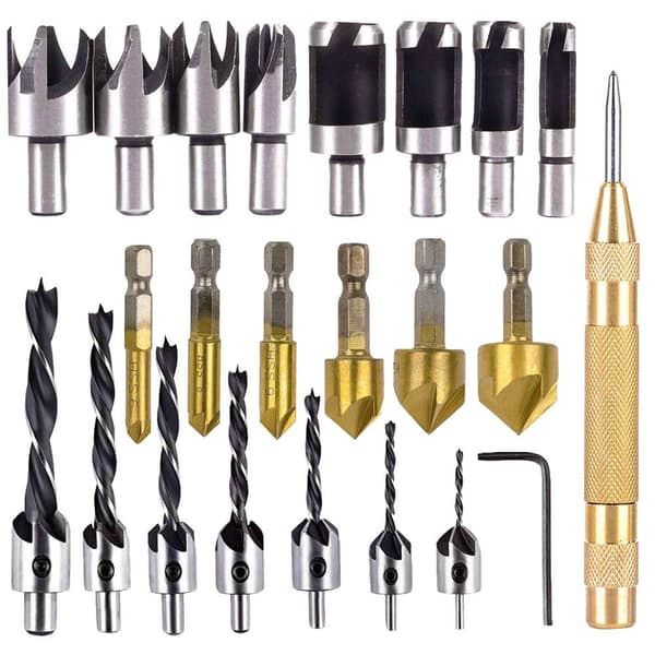 23-piece Woodworking Kit: Countersinks (1/4\" Hex Shank, 90° Angle), Three-Point Countersinks with L-Wrench, Plug Cutter.