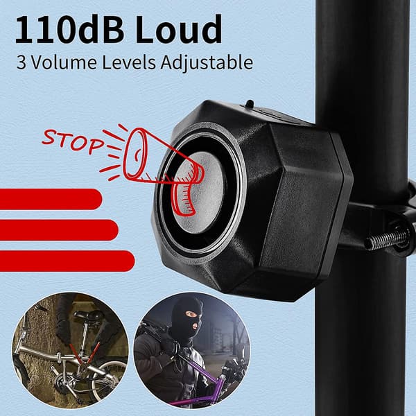 Wireless Bicycle Alarm - USB Rechargeable, Anti-Theft Vibration Alarm, 110 dB Volume, Adjustable Sensor - Remote Control Included