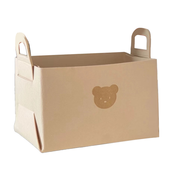 Opbevaringskurv i filt med håndtag, foldbar vasketøjskurv til snacks, legetøj og tøj til hjemmekontoret, bjørnemønster, beige