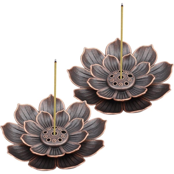 Messing Lotus røgelsesholder - sæt med 2, 6-hullers design med askeopsamler, pind røgelsebrænder