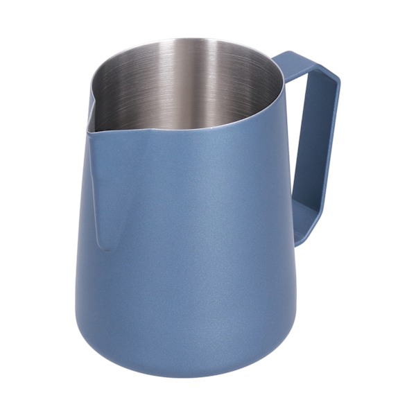 Lattekopp med spetsig pip 304 Rostfritt stål Tålig Mjölksumningskanna med Vinklat Handtag Blå 600ml (med Etikett)