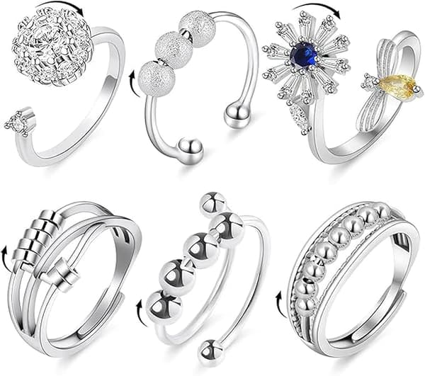 6 stk. Fidget Angstringe Justerbart Ringsæt Justerbare Ringe Fidget Ringe Dame Perlebånd, Stabelbare