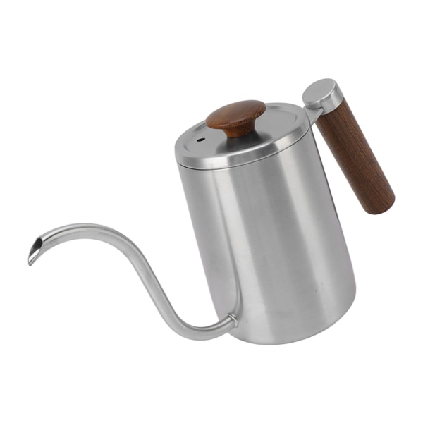 Pour Over -kahvipannu, 304 ruostumatonta terästä, hanhenkaula, kapea kaatonokka, kahvipannu puukahvalla, 600 ml, hiekkapuhallettu väri