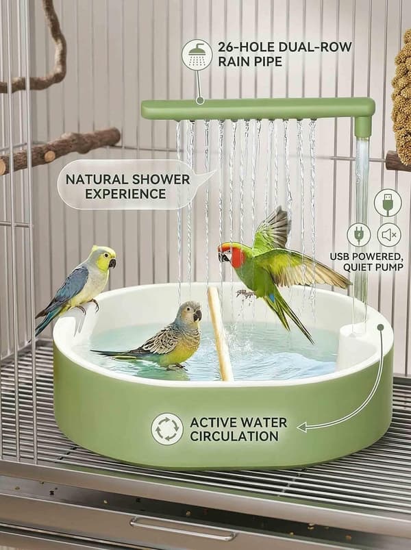 Fuglebad – Fuglekar og automatisk bruser til papegøjer, parakitter, conures, finker og undulater.