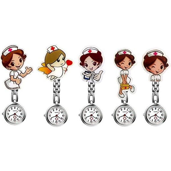 Silikon Nurse Watch Sett med 5 Cartoon Anime Quartz Brosje-klokker for kvinner og jenter