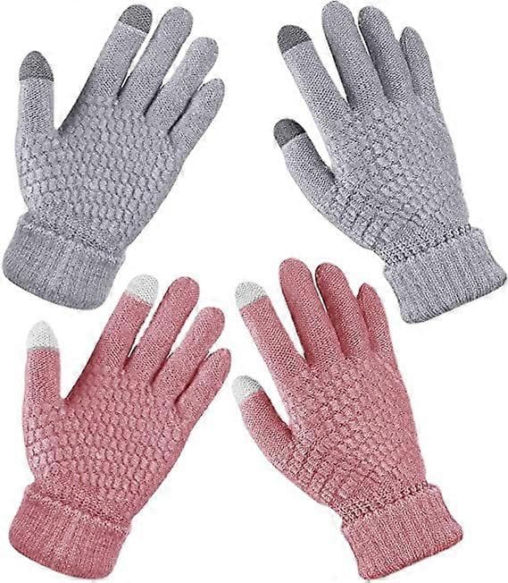 2 par vintertouchscreenhandsker til kvinder, varme fleeceforede strikhandsker, elastiske manchetter, vinterteksthandsker, grå, pink