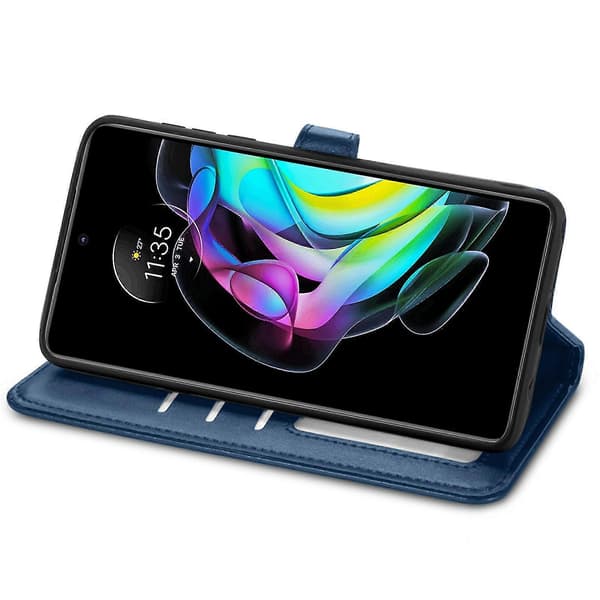 Motorola Edge 20 Enfärgat Äkta Läderfodral med Spänne Blue