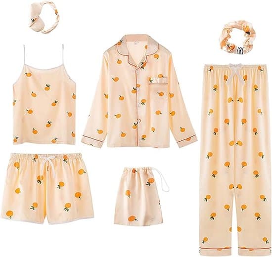 Pyjamas - Pyjamas for kvinner - 7-delt pyjamassett i sateng for kvinner: topper, bukser og shorts for vår, sommer og høst – Størrelse L L
