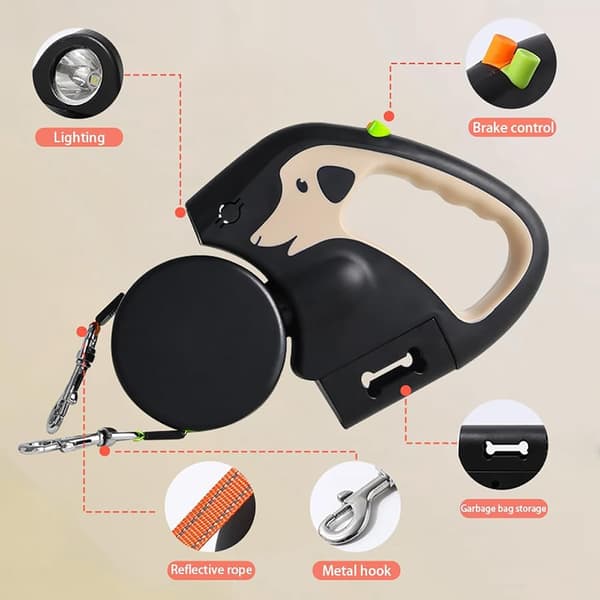 Retractable Dog Leash, Extendable Dog Leash with LED Light, Tangle-Free 360 Technology, Dual Leash with One-Button Brake and Lock for Small Dogs