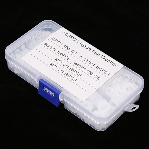500 st M2-M6 Nylon Platt Bricka Packning Vanliga Brickor Sortimentskit med Låda (Vit)