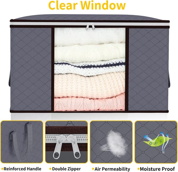 90L Storage Bags, 6-Pack Large Clothes Storage Boxes with Lids and Zippers, Foldable Clothes Storage Boxes with Reinforced Handle