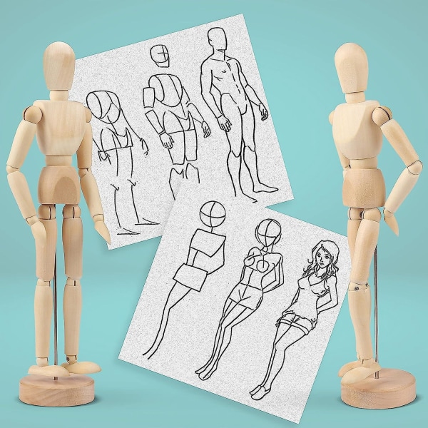 Fleksibel artikuleret træmannequin sæt på 2 - 20 cm højde med stativ - Unisex kunstner tegning mannequin