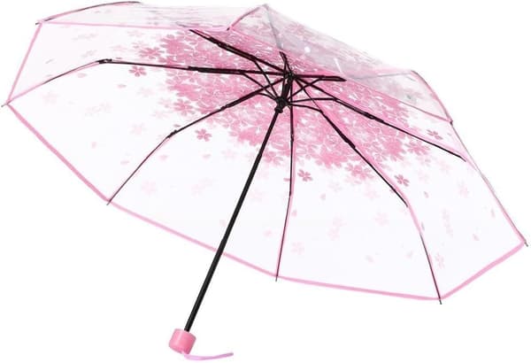 Stylish Transparent Umbrella - Pink Cherry Blossom Print, Transparent, Tri-fold, Manual Open