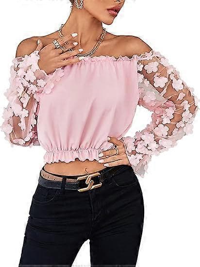 Dame Off Shoulder Blomstret Mesh Langærmet Flæsekant Crop Bluse Top