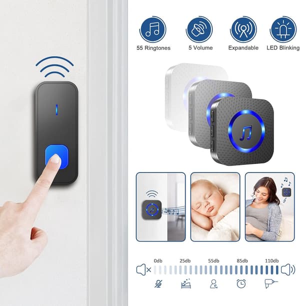 Wireless Loud Waterproof Doorbell, Easy Installation, 400m Range, 55 Melodies 5 Adjustable Volume Levels, LED Flash (1 Button+2 Receivers)