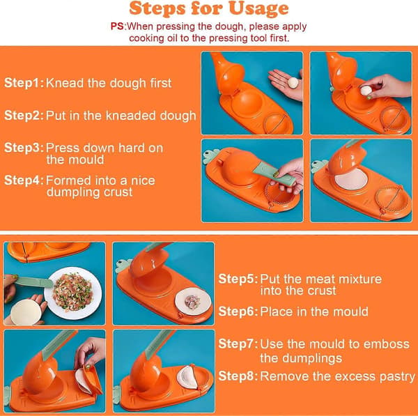 Dumpling Skin Magic DIY Dumpling Machine (Oransje), Multifunksjonell 2-i-1 Dumplingmaskin, Dumpling Making Håndpresseformsett