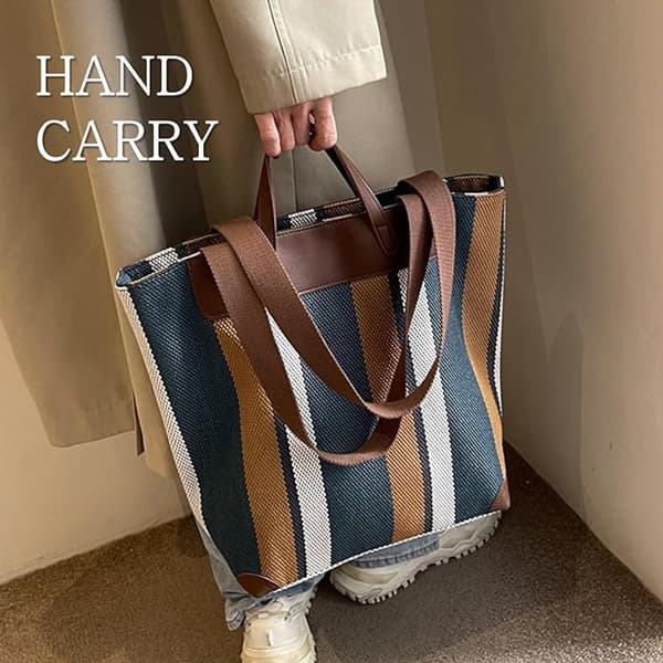 Bag - Large Work Bag for Women - Canvas Shoulder Bag - Laptop Compartment - Ample Storage - Office & Daily Use - Striped