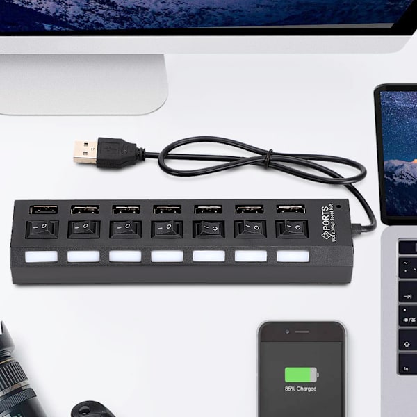 7-Port Hub USB Docking Station Sort 480mbps med Switch til Overbelastningsstrømsbeskyttelse 7 Porte Sort