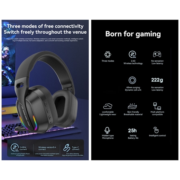 2.4G Trådlöst Bluetooth Over-Ear Gaming Headset med Mikrofon