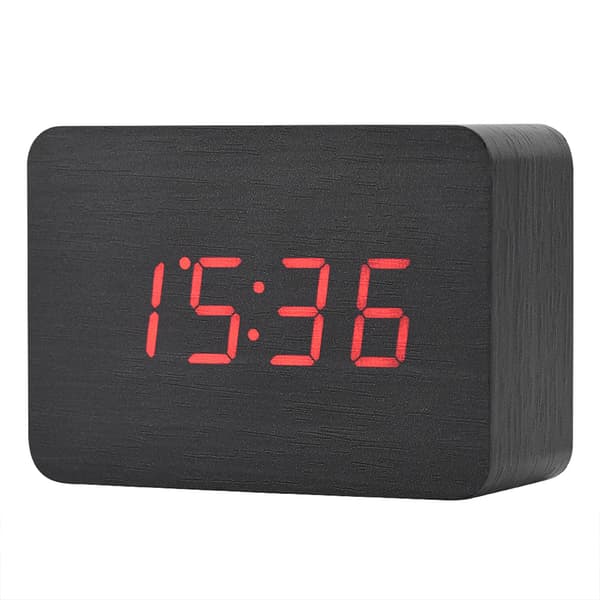 Elektronisk digitalt vækkeur i træ med temperatur LED-display og lydstyring, sort