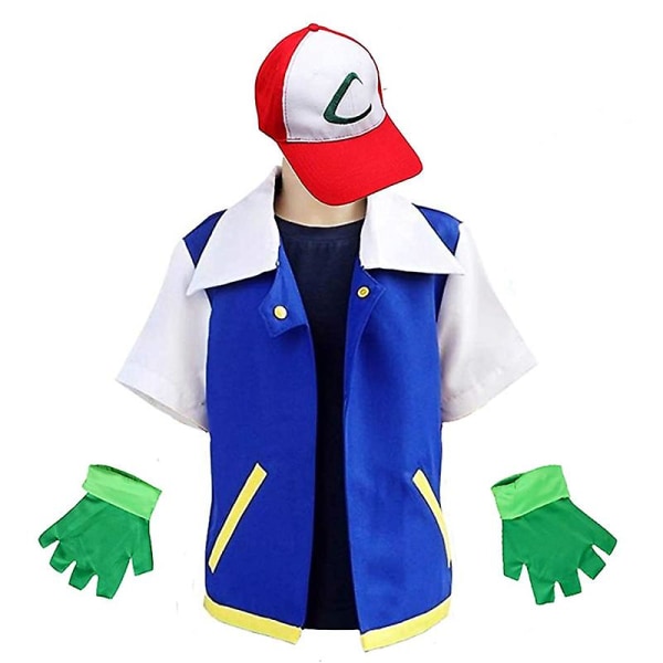 Män Anime Trainer Kostym Pojkar Ash Ketchum Vuxen Cosplay För tjejer Halloween Blue Jacket Cap och handskar Set Kid 110