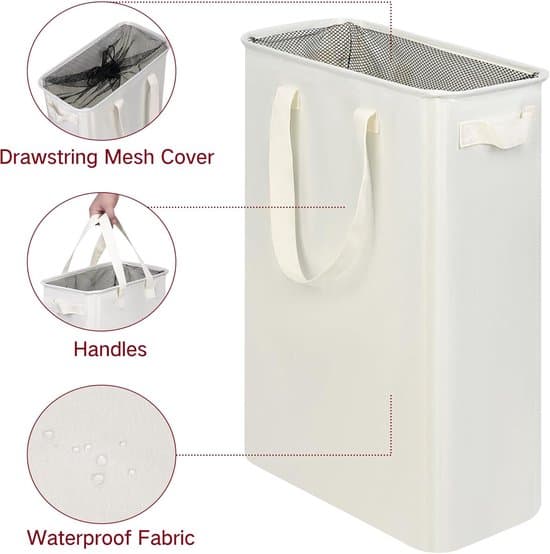 Laundry Basket - Slim Laundry Hamper with Handles - Foldable Laundry Basket for Dirty Clothes - 20 x 40 x 60 cm - Off-white
