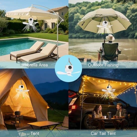 Tent Fan - Portable Ceiling Fan - 4 Speeds Quiet - Dimmable LED Lamp - 7200mAh Battery - Remote Control with Timer - For Camping Tent RV