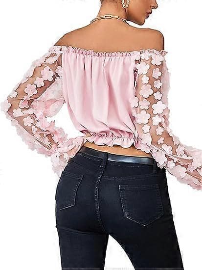 Dame Off Shoulder Blomstret Mesh Langærmet Flæsekant Crop Bluse Top