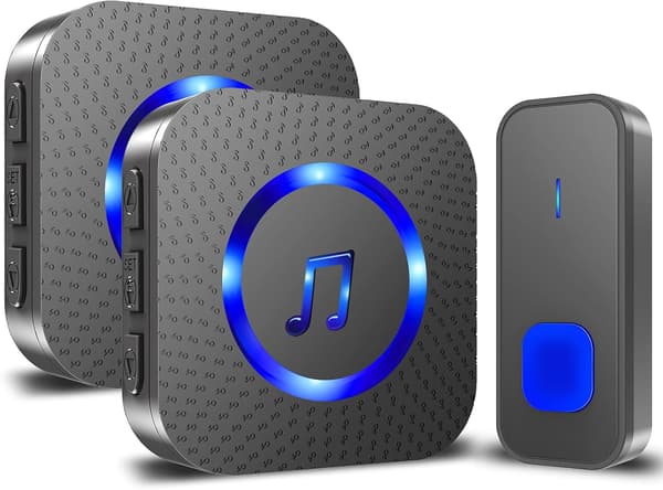 Wireless Loud Waterproof Doorbell, Easy Installation, 400m Range, 55 Melodies 5 Adjustable Volume Levels, LED Flash (1 Button+2 Receivers)