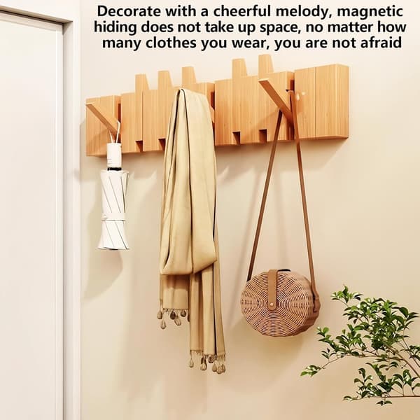 Wall Mounted Coat Rack Hooks Piano Key Hanger Natural Solid Wood Hanger Non-Woven Fabric Coat Rack for Wardrobe, Kitchen, Bedroom, Bathroom, 6 Hooks
