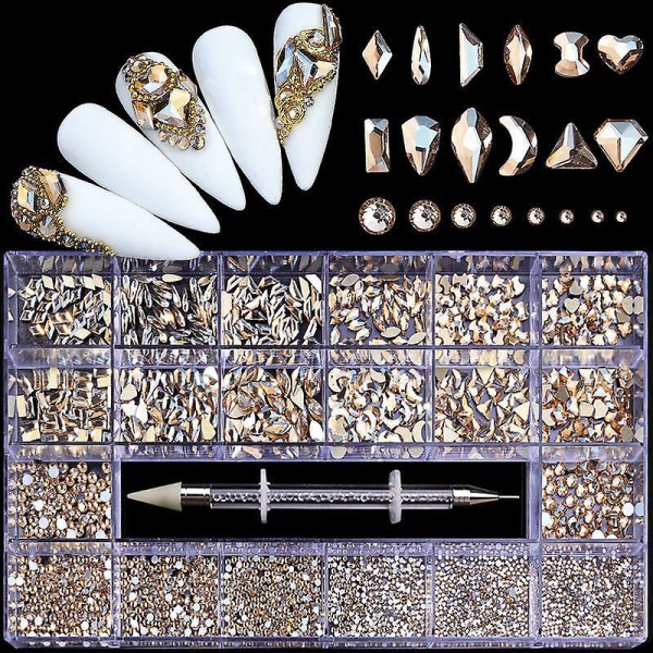 2500 stk 3D Mix Nail Art Rhinestones Kit med spesialformede krystaller og diamanter