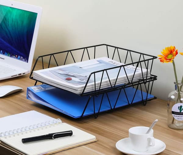 2-Tier A4 Metal Letter Trays Stackable Office Desk Organization Shelf File Holder Magazine Rack Paper Organizer Black Black