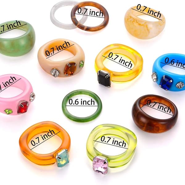 12 stk. harpiksringe til kvinder, retro akryl, chunky, farverig stil 1 KLB