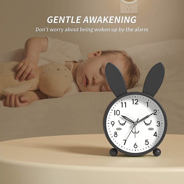 Tyst, icke-tickande analog söt väckarklocka för barn, enkel set och bakgrundsbelysning på begäran, pipljud, mjukt väckande, lättläst skrivbord/hylla/sängklocka