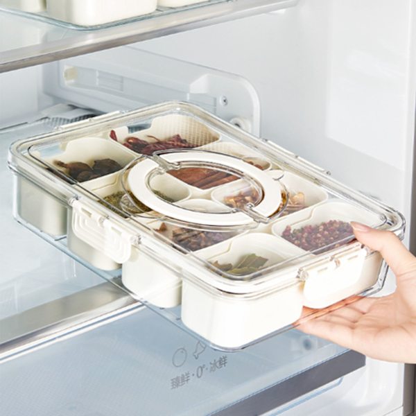 Förvaringslåda i plast med flera fack, kylskåpsmatlåda med avdelare för dumplings, grönsaker, frukt, kryddor, stor 8 fack