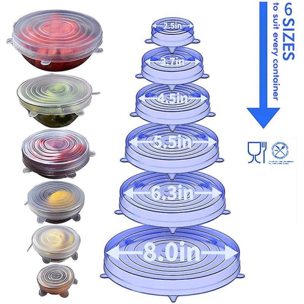 6-osainen set valkoisia laajennettavia silikonikansia kulhoihin, astioihin, purkkeihin, mikroaaltouuniin ja uuniin - BPA-vapaa ja uudelleenkäytettävä