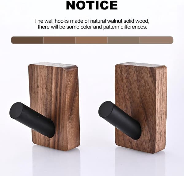 2-pack Wooden Wall Hooks for Hanging, Self-Adhesive & Wall-Mounted Boho Decorative Walnut Wood Hooks for Towel Clothes Blanket Hat Backpack R
