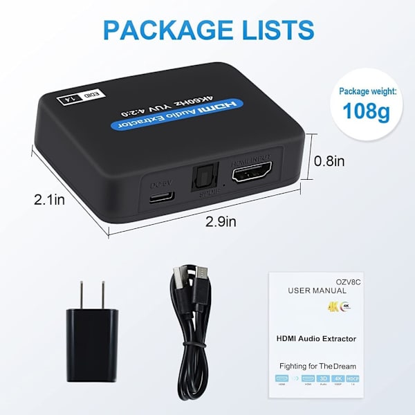 HDMI 2.0 lydsplitter, SPDIF/3.5 digital optisk lydudgangsadapter, 4K