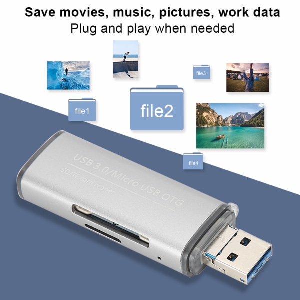 Kroktype kortleser bærbar USB 3.0 til minnekort titangrå for Android-telefon OTG