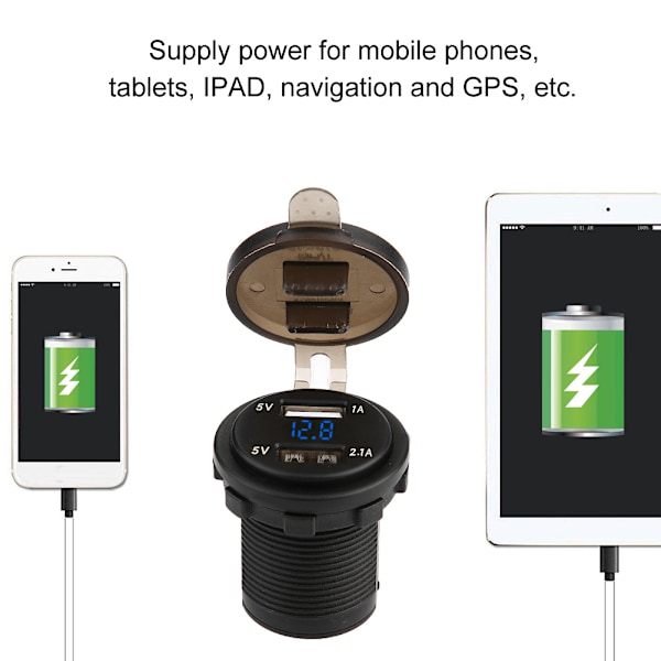 3.1A Dobbel USB Bil Lader Strømadapter med Voltmeter DC 12V (Blå)