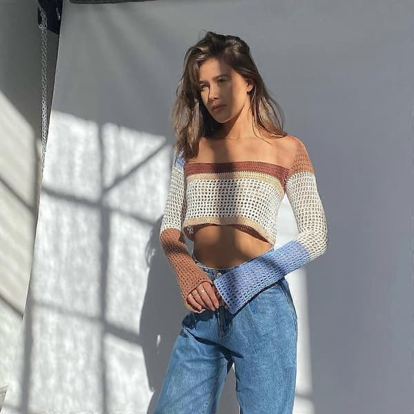 Dame Y2k Sweater Pullover Langærmet Strikket Cropped Cardigan Sweater, størrelse L